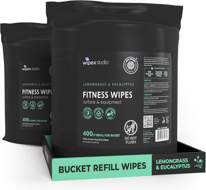 Fitness Wipes Bucket Refill Roll - EWG Verified - Plant-based Fitness Equipment Wipes, Lemongrass, Eucalyptus & Vinegar to Clean Surfaces, Yoga Mat & Gym Cleaner and Peloton Bikes, 400 Count
