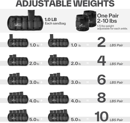 Adjustable Ankle Weights Set - 1 Pair (2-10 lbs) Removable Sandbags for Women & Men, Comfortable Neoprene Leg Weights for Walking, Running, Pilates, Yoga, Home Workout & Physical Therapy