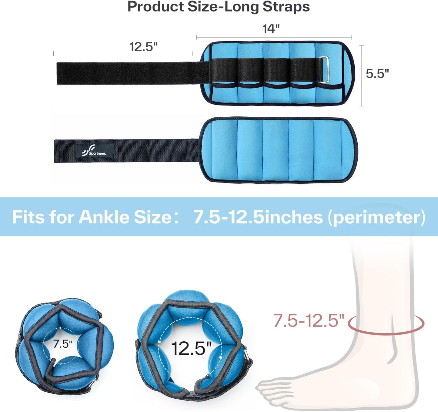 Adjustable Ankle Weights Set - 1 Pair (2-10 lbs) Removable Sandbags for Women & Men, Comfortable Neoprene Leg Weights for Walking, Running, Pilates, Yoga, Home Workout & Physical Therapy