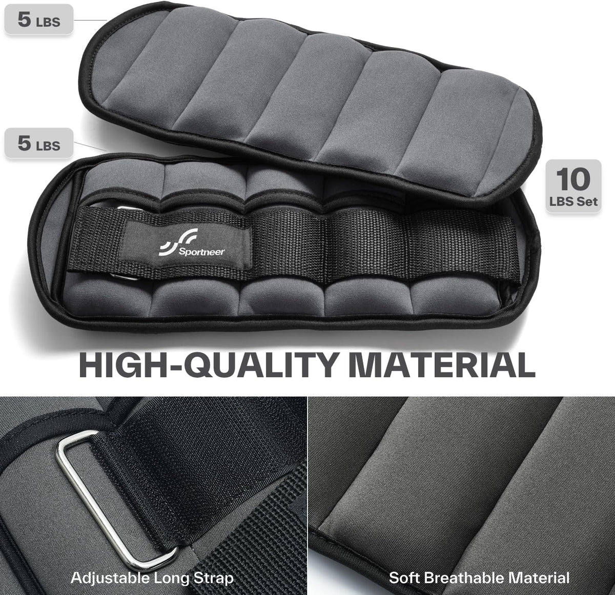 Adjustable Ankle Weights Set - 1 Pair (2-10 lbs) Removable Sandbags for Women & Men, Comfortable Neoprene Leg Weights for Walking, Running, Pilates, Yoga, Home Workout & Physical Therapy