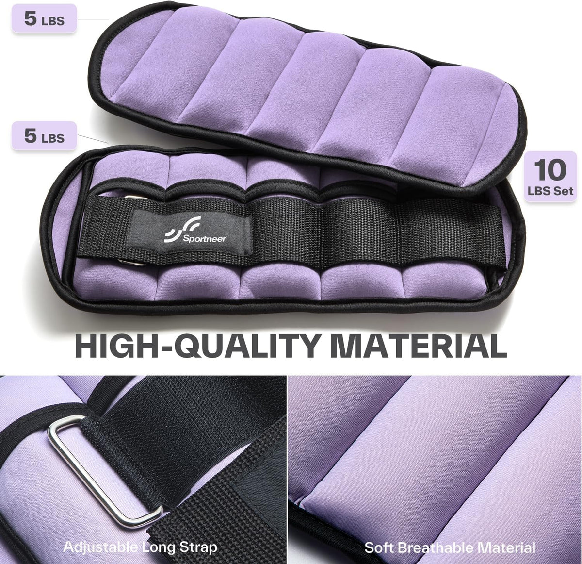 Adjustable Ankle Weights Set - 1 Pair (2-10 lbs) Removable Sandbags for Women & Men, Comfortable Neoprene Leg Weights for Walking, Running, Pilates, Yoga, Home Workout & Physical Therapy