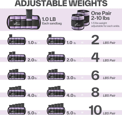 Adjustable Ankle Weights Set - 1 Pair (2-10 lbs) Removable Sandbags for Women & Men, Comfortable Neoprene Leg Weights for Walking, Running, Pilates, Yoga, Home Workout & Physical Therapy