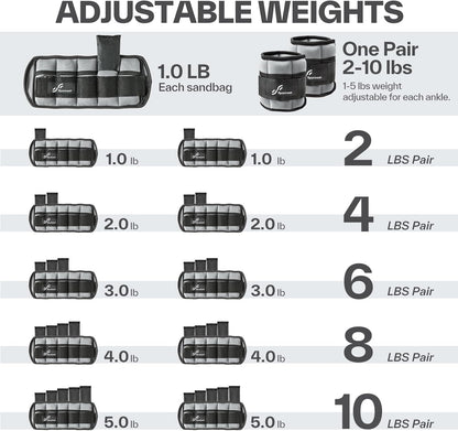 Adjustable Ankle Weights Set - 1 Pair (2-10 lbs) Removable Sandbags for Women & Men, Comfortable Neoprene Leg Weights for Walking, Running, Pilates, Yoga, Home Workout & Physical Therapy