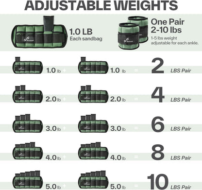 Adjustable Ankle Weights Set - 1 Pair (2-10 lbs) Removable Sandbags for Women & Men, Comfortable Neoprene Leg Weights for Walking, Running, Pilates, Yoga, Home Workout & Physical Therapy