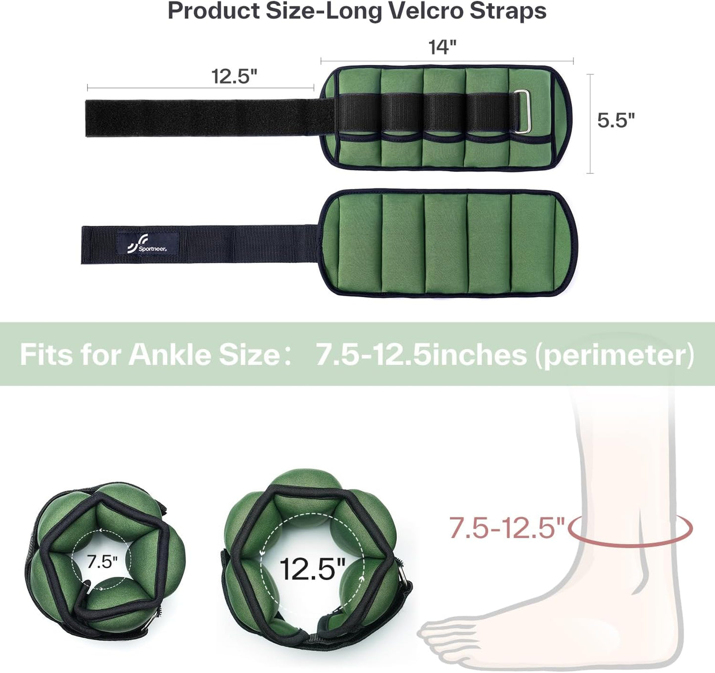 Adjustable Ankle Weights Set - 1 Pair (2-10 lbs) Removable Sandbags for Women & Men, Comfortable Neoprene Leg Weights for Walking, Running, Pilates, Yoga, Home Workout & Physical Therapy