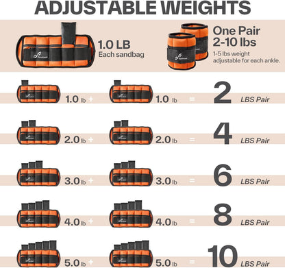 Adjustable Ankle Weights Set - 1 Pair (2-10 lbs) Removable Sandbags for Women & Men, Comfortable Neoprene Leg Weights for Walking, Running, Pilates, Yoga, Home Workout & Physical Therapy