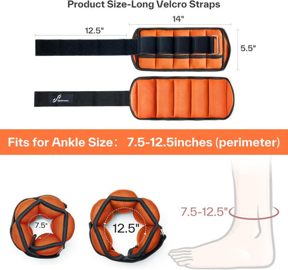 Adjustable Ankle Weights Set - 1 Pair (2-10 lbs) Removable Sandbags for Women & Men, Comfortable Neoprene Leg Weights for Walking, Running, Pilates, Yoga, Home Workout & Physical Therapy