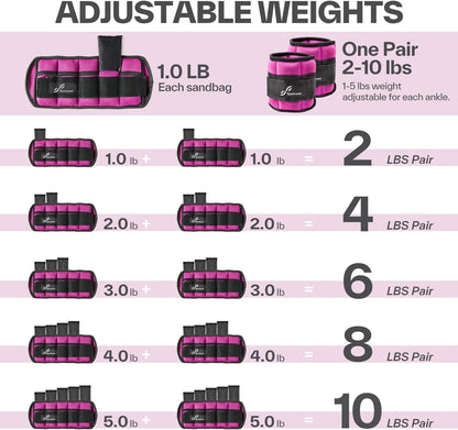 Adjustable Ankle Weights Set - 1 Pair (2-10 lbs) Removable Sandbags for Women & Men, Comfortable Neoprene Leg Weights for Walking, Running, Pilates, Yoga, Home Workout & Physical Therapy