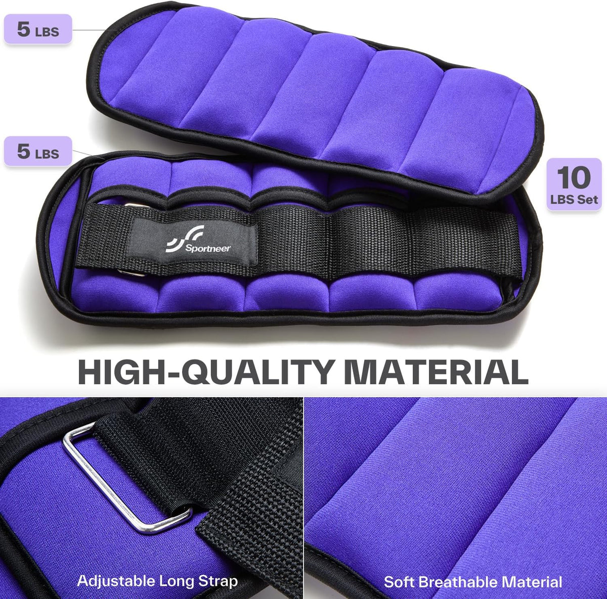 Adjustable Ankle Weights Set - 1 Pair (2-10 lbs) Removable Sandbags for Women & Men, Comfortable Neoprene Leg Weights for Walking, Running, Pilates, Yoga, Home Workout & Physical Therapy