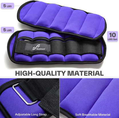 Adjustable Ankle Weights Set - 1 Pair (2-10 lbs) Removable Sandbags for Women & Men, Comfortable Neoprene Leg Weights for Walking, Running, Pilates, Yoga, Home Workout & Physical Therapy