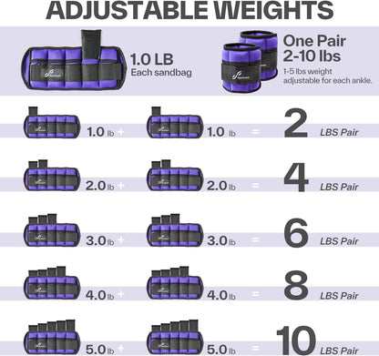 Adjustable Ankle Weights Set - 1 Pair (2-10 lbs) Removable Sandbags for Women & Men, Comfortable Neoprene Leg Weights for Walking, Running, Pilates, Yoga, Home Workout & Physical Therapy