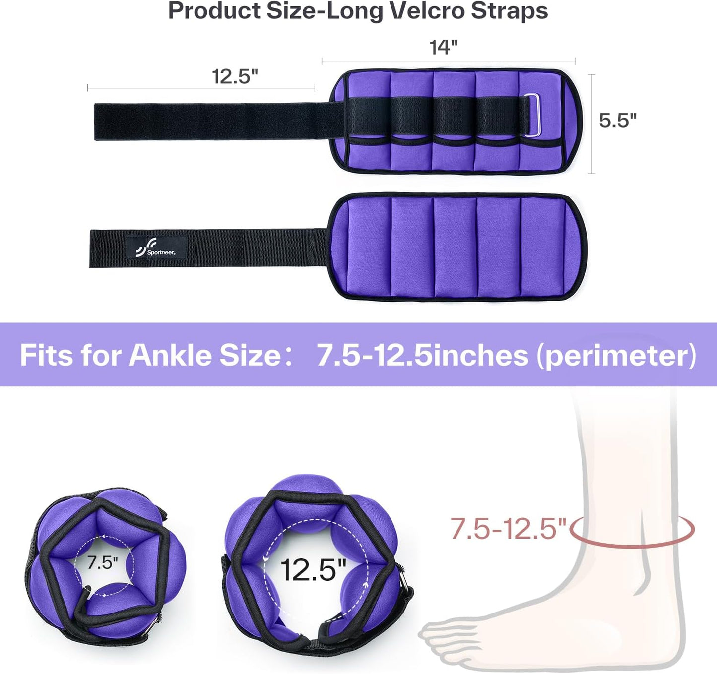 Adjustable Ankle Weights Set - 1 Pair (2-10 lbs) Removable Sandbags for Women & Men, Comfortable Neoprene Leg Weights for Walking, Running, Pilates, Yoga, Home Workout & Physical Therapy
