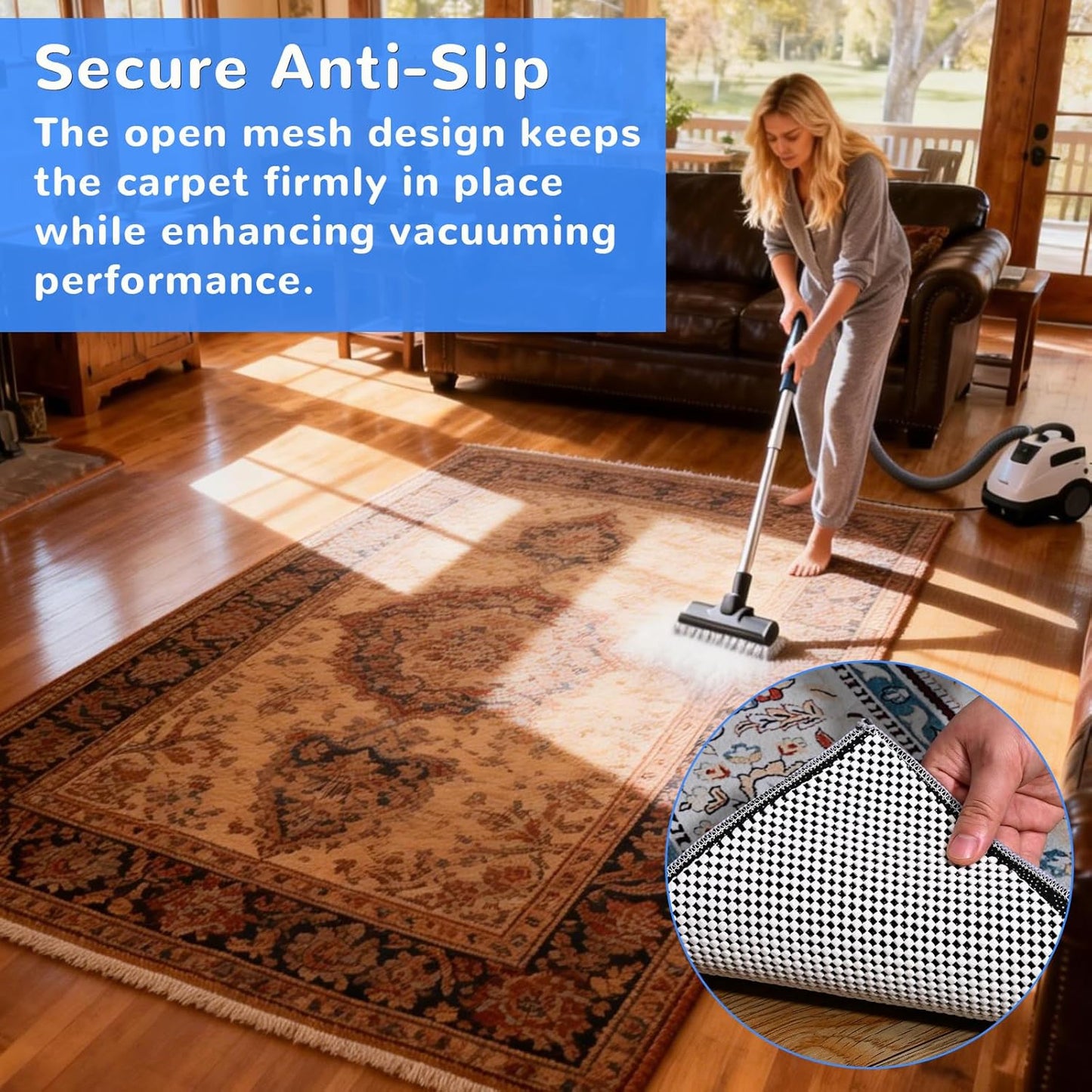 Non Slip Rug Pad Gripper 9X12 FT for Hardwood Floors, Eco-Friendly Anti Skid Mat Under Area Rugs, Keeps Rugs Safe and Flat, Odorless Cushioned Pad for Floor Protection, Easy to Trim Multi-Use Mat