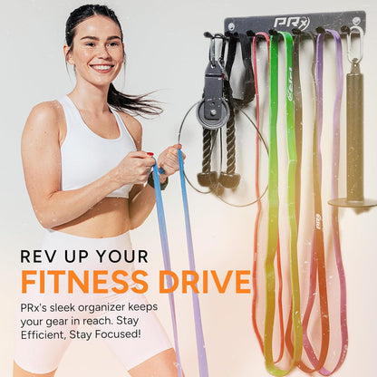 Wall-Mounted Gym Rack Organizer – Heavy-Duty Fitness Equipment Storage for Resistance Bands, Jump Ropes & Lifting Belts– Space-Saving 7 Hook Shelf, Made in USA – Compact Design - Black