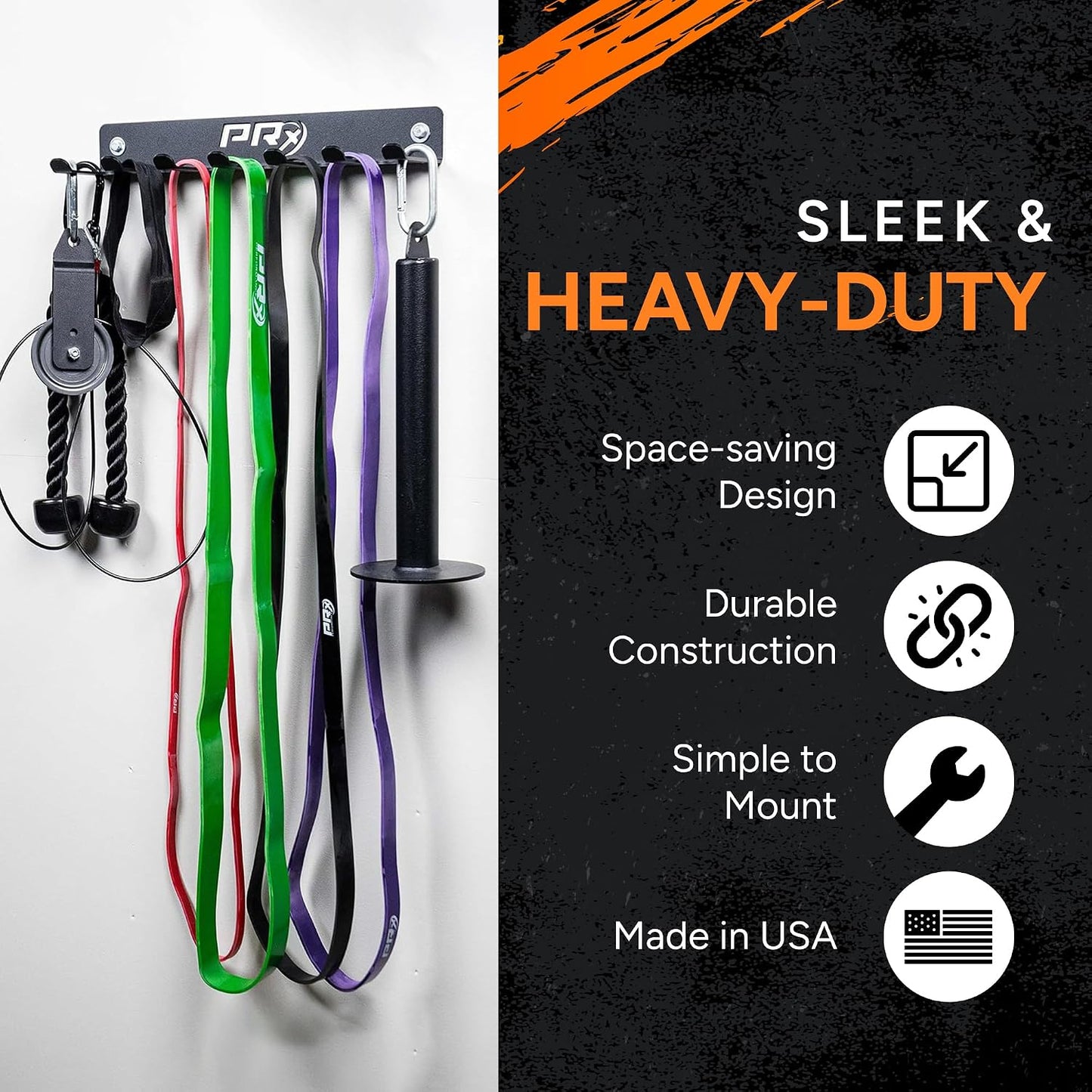 Wall-Mounted Gym Rack Organizer – Heavy-Duty Fitness Equipment Storage for Resistance Bands, Jump Ropes & Lifting Belts– Space-Saving 7 Hook Shelf, Made in USA – Compact Design - Black