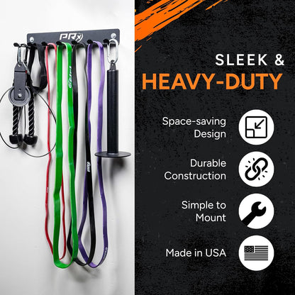 Wall-Mounted Gym Rack Organizer – Heavy-Duty Fitness Equipment Storage for Resistance Bands, Jump Ropes & Lifting Belts– Space-Saving 7 Hook Shelf, Made in USA – Compact Design - Black