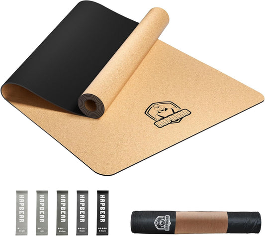 HAPBEAR Large Cork Yoga Mat - 72"x36" Wide Non-Slip for Home Workout, Yoga, Pilates & Stretching - 6mm Cushioned Support & Durable - Carry Bag Included