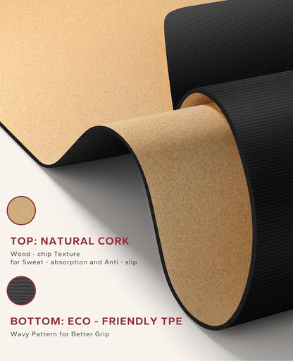 HAPBEAR Large Cork Yoga Mat - 72"x36" Wide Non-Slip for Home Workout, Yoga, Pilates & Stretching - 6mm Cushioned Support & Durable - Carry Bag Included
