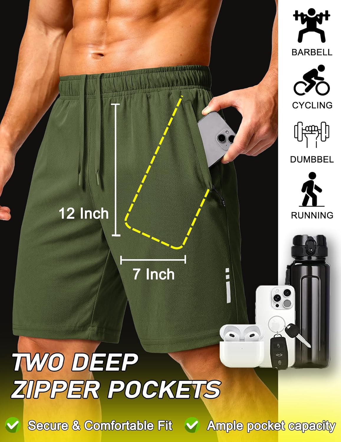 Mens Athletic Running Shorts 7"/ 9" Lightweight Quick Dry Drawstring Mesh Gym Shorts with Zipper Pockets