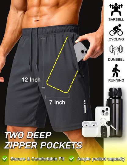 Mens Athletic Running Shorts 7"/ 9" Lightweight Quick Dry Drawstring Mesh Gym Shorts with Zipper Pockets