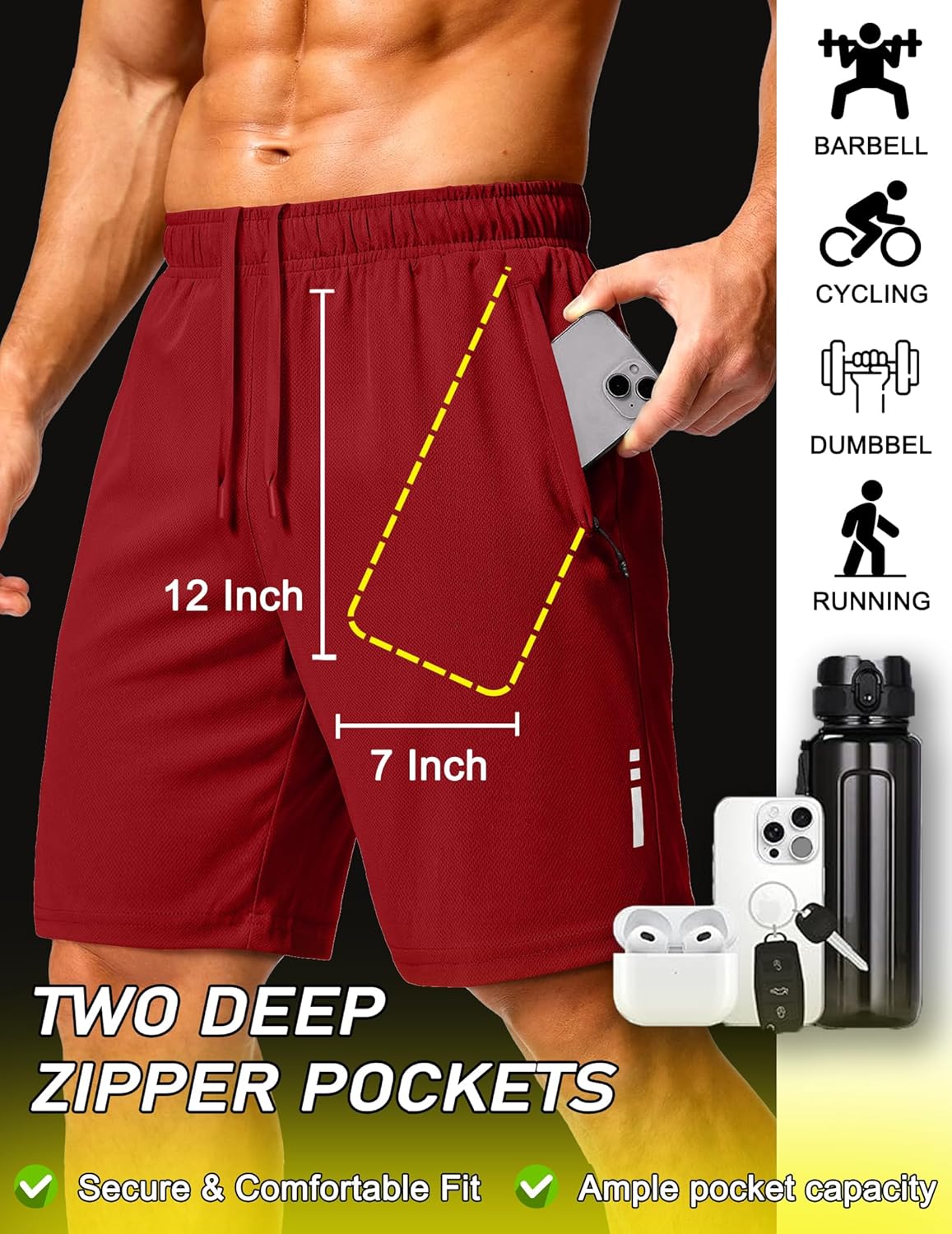 Mens Athletic Running Shorts 7"/ 9" Lightweight Quick Dry Drawstring Mesh Gym Shorts with Zipper Pockets