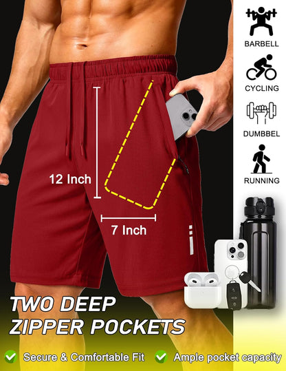 Mens Athletic Running Shorts 7"/ 9" Lightweight Quick Dry Drawstring Mesh Gym Shorts with Zipper Pockets