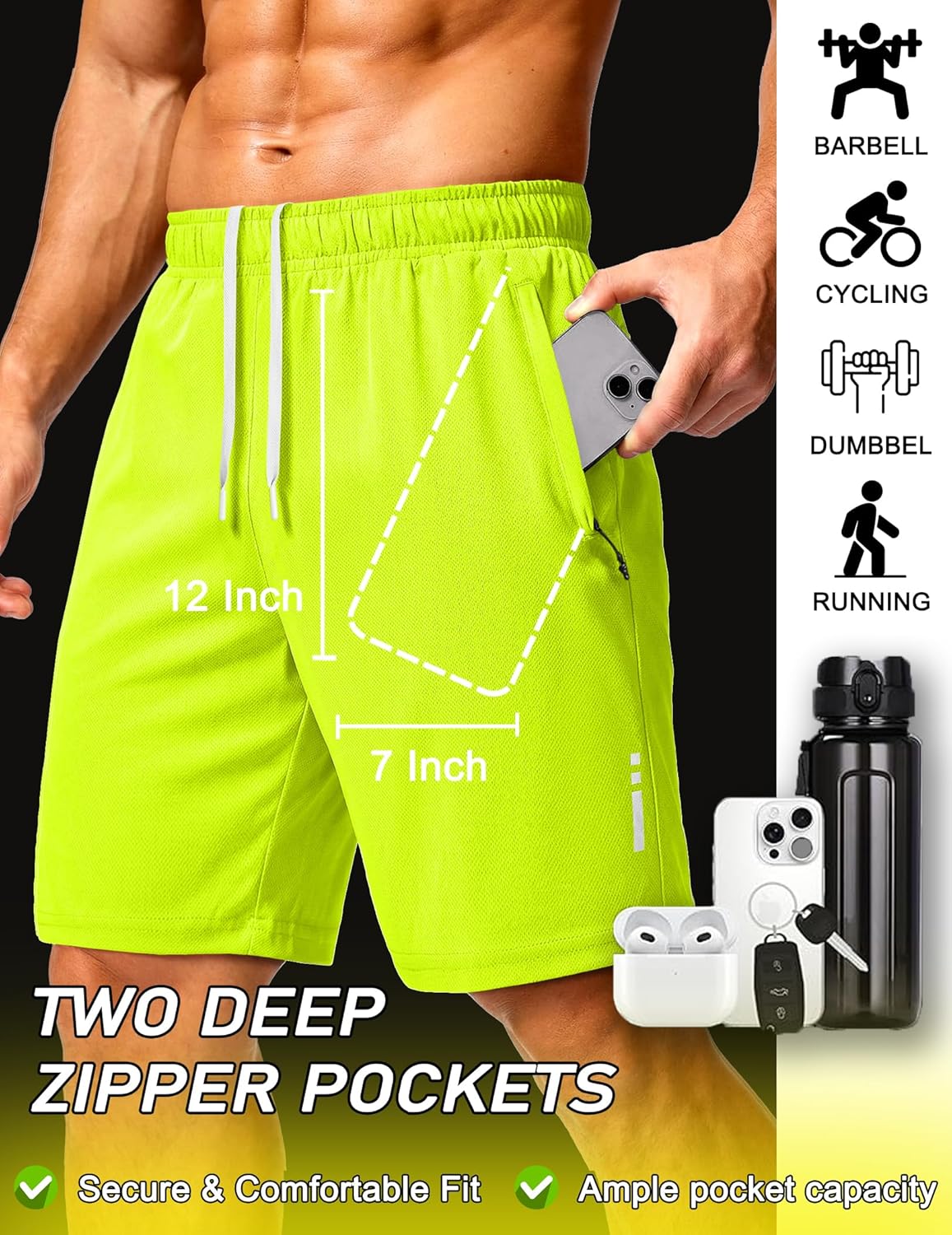 Mens Athletic Running Shorts 7"/ 9" Lightweight Quick Dry Drawstring Mesh Gym Shorts with Zipper Pockets
