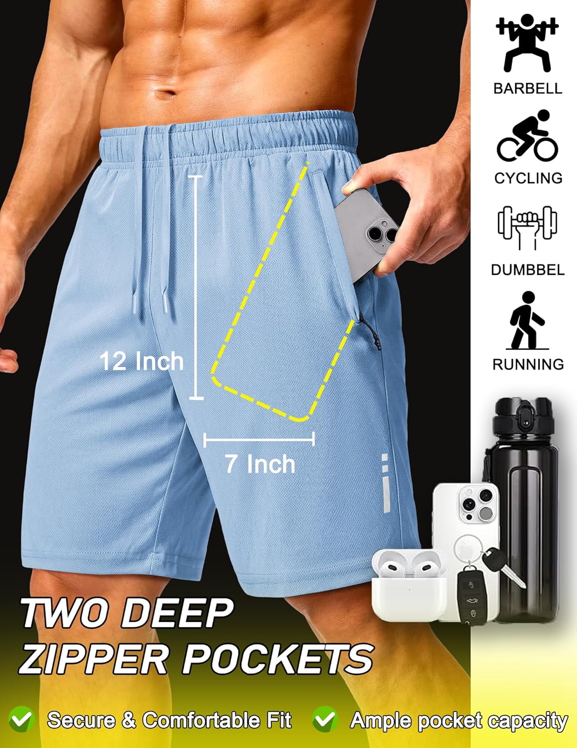Mens Athletic Running Shorts 7"/ 9" Lightweight Quick Dry Drawstring Mesh Gym Shorts with Zipper Pockets