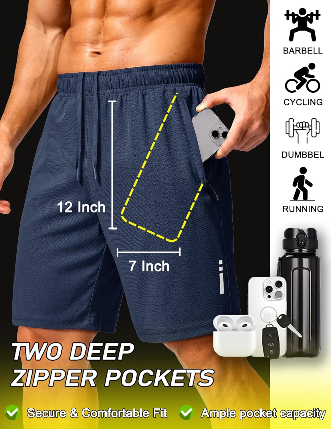 Mens Athletic Running Shorts 7"/ 9" Lightweight Quick Dry Drawstring Mesh Gym Shorts with Zipper Pockets