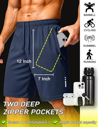 Mens Athletic Running Shorts 7"/ 9" Lightweight Quick Dry Drawstring Mesh Gym Shorts with Zipper Pockets