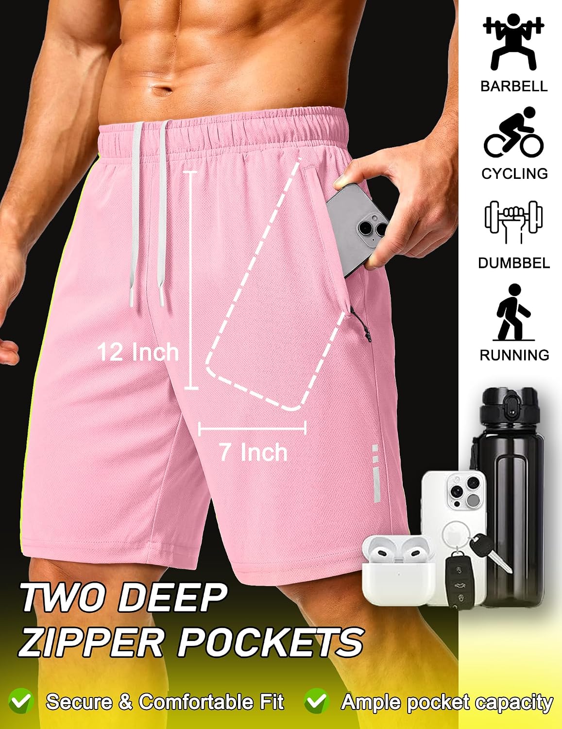 Mens Athletic Running Shorts 7"/ 9" Lightweight Quick Dry Drawstring Mesh Gym Shorts with Zipper Pockets