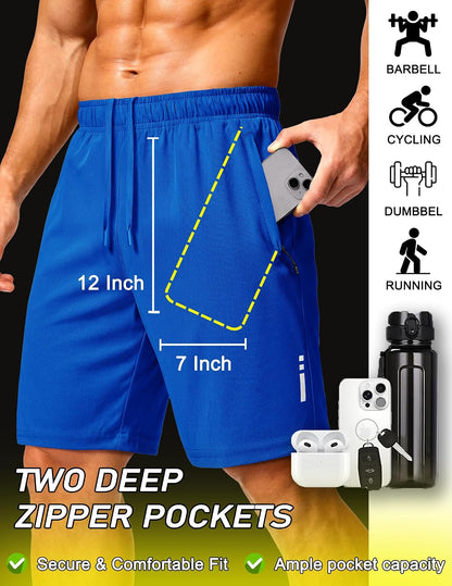 Mens Athletic Running Shorts 7"/ 9" Lightweight Quick Dry Drawstring Mesh Gym Shorts with Zipper Pockets