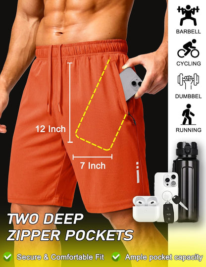 Mens Athletic Running Shorts 7"/ 9" Lightweight Quick Dry Drawstring Mesh Gym Shorts with Zipper Pockets