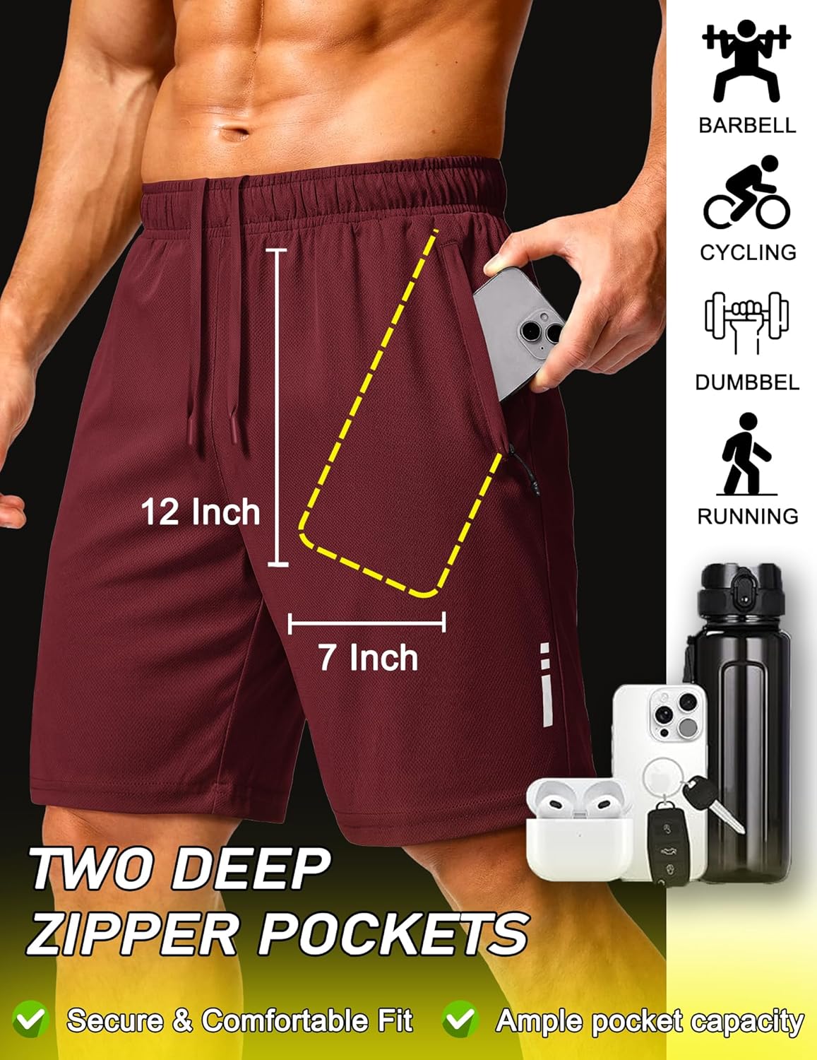 Mens Athletic Running Shorts 7"/ 9" Lightweight Quick Dry Drawstring Mesh Gym Shorts with Zipper Pockets