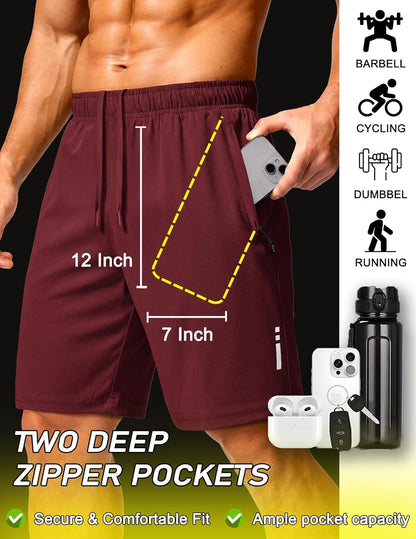 Mens Athletic Running Shorts 7"/ 9" Lightweight Quick Dry Drawstring Mesh Gym Shorts with Zipper Pockets