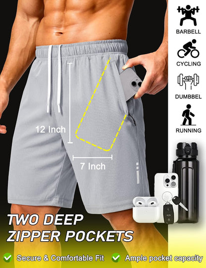 Mens Athletic Running Shorts 7"/ 9" Lightweight Quick Dry Drawstring Mesh Gym Shorts with Zipper Pockets
