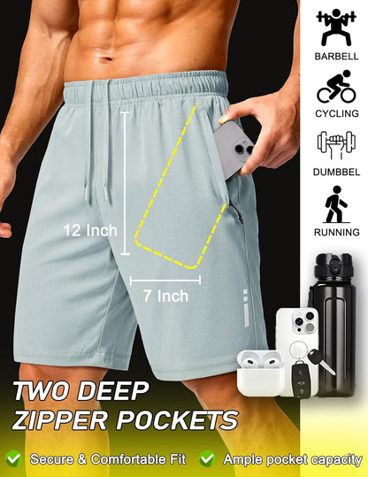 Mens Athletic Running Shorts 7"/ 9" Lightweight Quick Dry Drawstring Mesh Gym Shorts with Zipper Pockets
