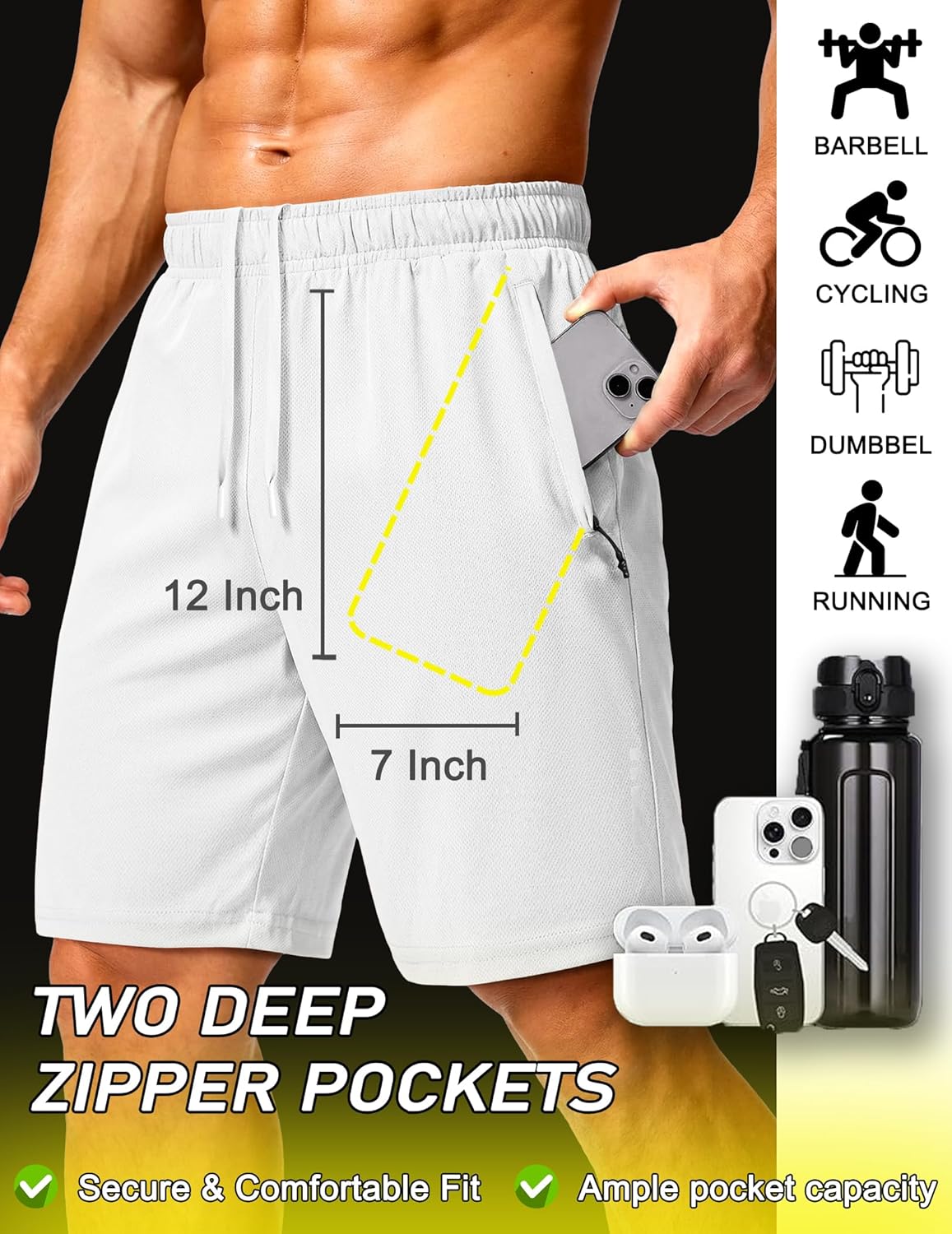 Mens Athletic Running Shorts 7"/ 9" Lightweight Quick Dry Drawstring Mesh Gym Shorts with Zipper Pockets