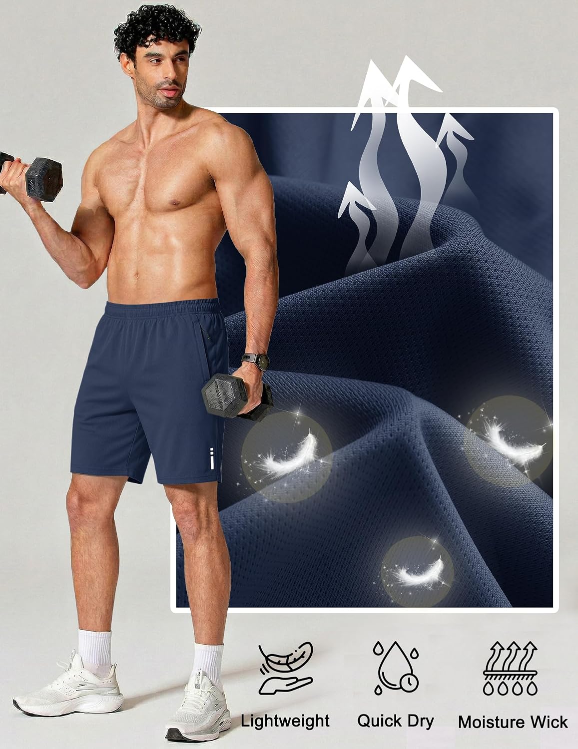 Mens Athletic Running Shorts 7"/ 9" Lightweight Quick Dry Drawstring Mesh Gym Shorts with Zipper Pockets