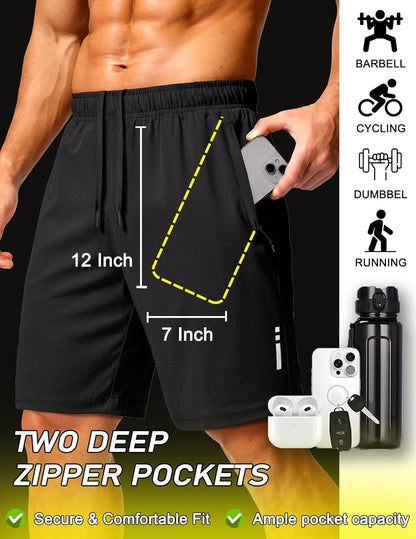 Mens Athletic Running Shorts 7"/ 9" Lightweight Quick Dry Drawstring Mesh Gym Shorts with Zipper Pockets