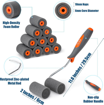 13 Pack 2" High Density Foam Paint Roller Kit, Caved-in Black Foam Roller for Smooth Finish & Precise Edging, Small Foam Mini Rollers for Painting Walls, Cabinets, Doors, Furniture, Touch up