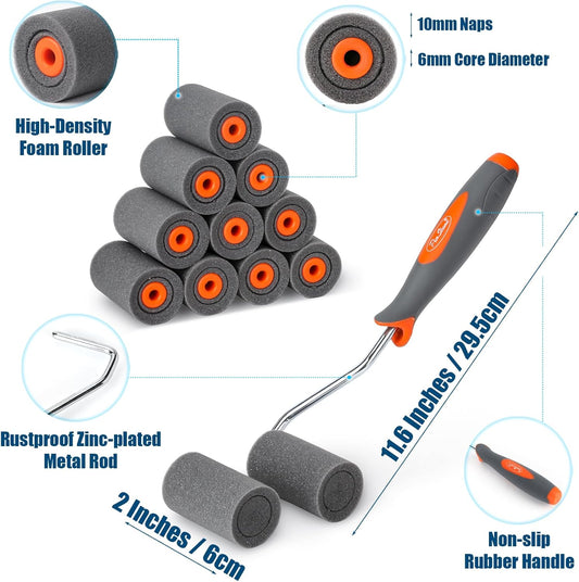 13 Pack 2" High Density Foam Paint Roller Kit, Caved-in Black Foam Roller for Smooth Finish & Precise Edging, Small Foam Mini Rollers for Painting Walls, Cabinets, Doors, Furniture, Touch up