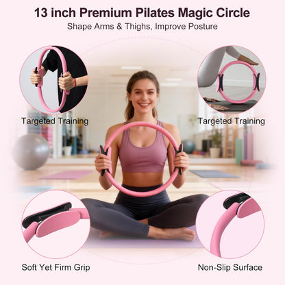Pilates Kit, Home Pilates Workout Kit for Women, Pilates Equipment with Pilates Ring and Ball, Yoga Block & 5 Resistance Bands, Ankle Weights, Sliders & Grip Socks, Workout Guide Included