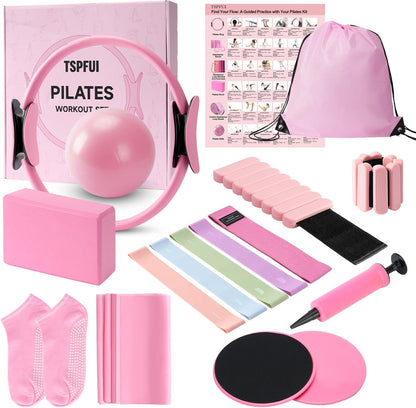 Pilates Kit, Home Pilates Workout Kit for Women, Pilates Equipment with Pilates Ring and Ball, Yoga Block & 5 Resistance Bands, Ankle Weights, Sliders & Grip Socks, Workout Guide Included