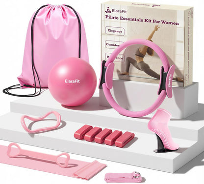 Home Pilates Ring and Ball Set for Women with 5 Resistance Bands 13 inch Magic Circle Workout Starter Kit for Beginners Full Body Toning 15 Min Daily Routine