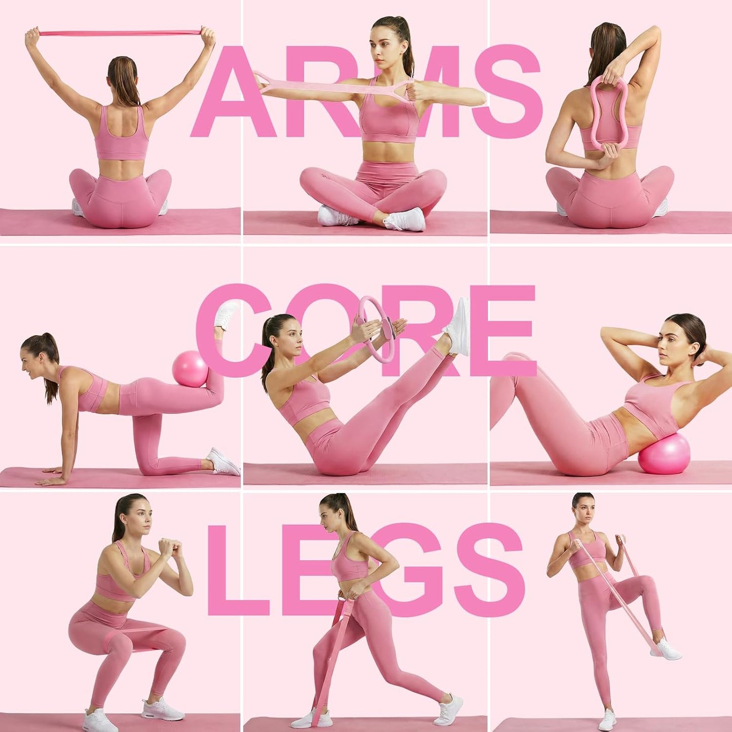 Home Pilates Ring and Ball Set for Women with 5 Resistance Bands 13 inch Magic Circle Workout Starter Kit for Beginners Full Body Toning 15 Min Daily Routine