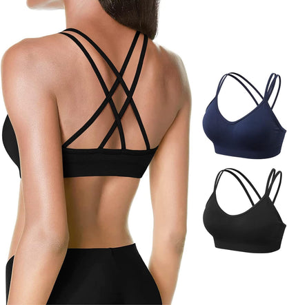 Strappy Cross Back Women Sports Bra Pack for Medium Support Workout | Removable Padded Cups, Spaghetti Strap, Comfort Seamless Wirefree, Soft Breathable Fabric, for Gym/Yoga/Pilates/Walking/Daily