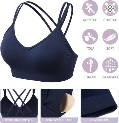 Strappy Cross Back Women Sports Bra Pack for Medium Support Workout | Removable Padded Cups, Spaghetti Strap, Comfort Seamless Wirefree, Soft Breathable Fabric, for Gym/Yoga/Pilates/Walking/Daily