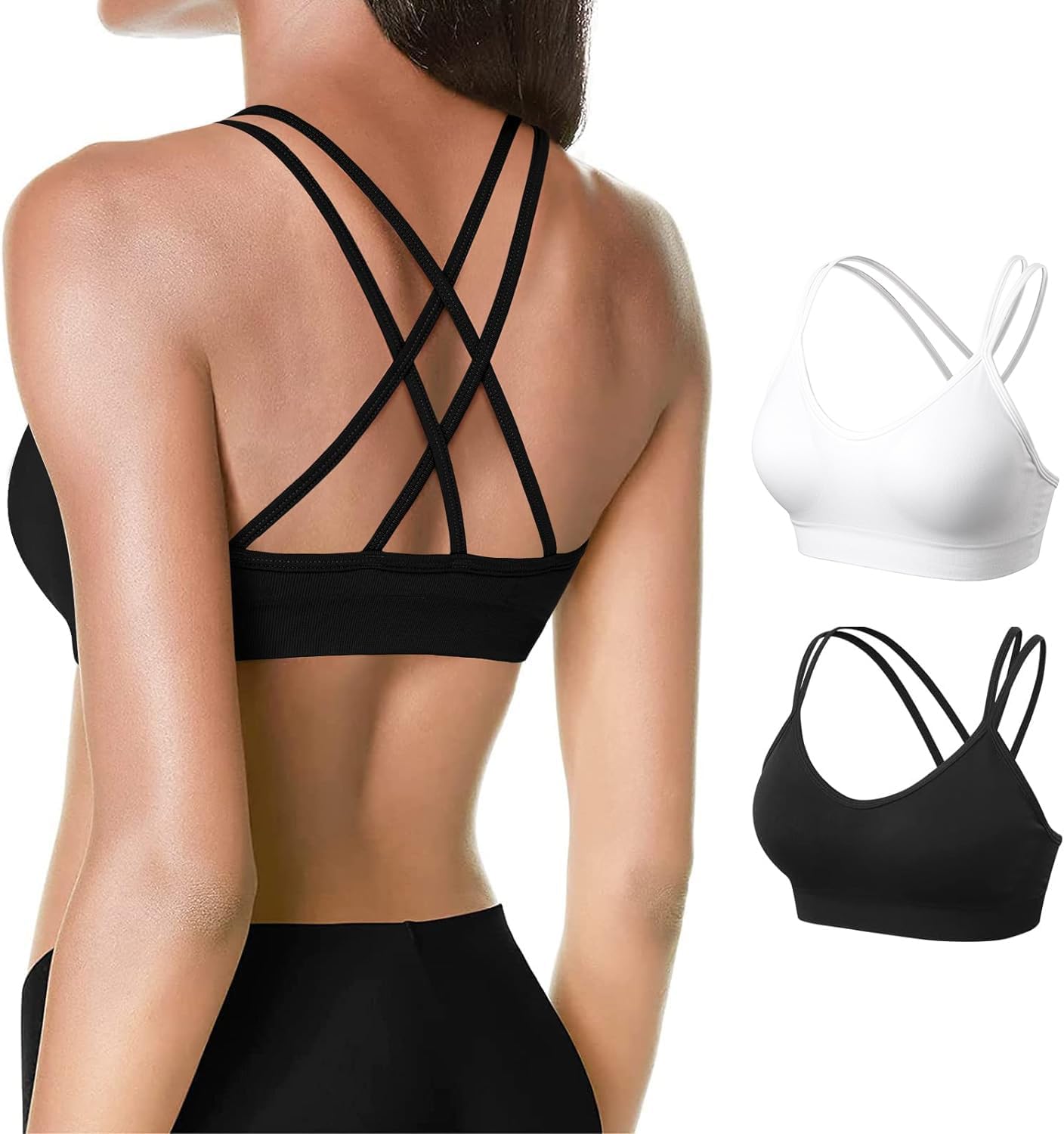 Strappy Cross Back Women Sports Bra Pack for Medium Support Workout | Removable Padded Cups, Spaghetti Strap, Comfort Seamless Wirefree, Soft Breathable Fabric, for Gym/Yoga/Pilates/Walking/Daily