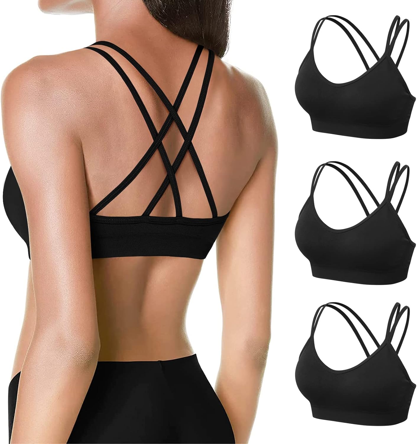 Strappy Cross Back Women Sports Bra Pack for Medium Support Workout | Removable Padded Cups, Spaghetti Strap, Comfort Seamless Wirefree, Soft Breathable Fabric, for Gym/Yoga/Pilates/Walking/Daily